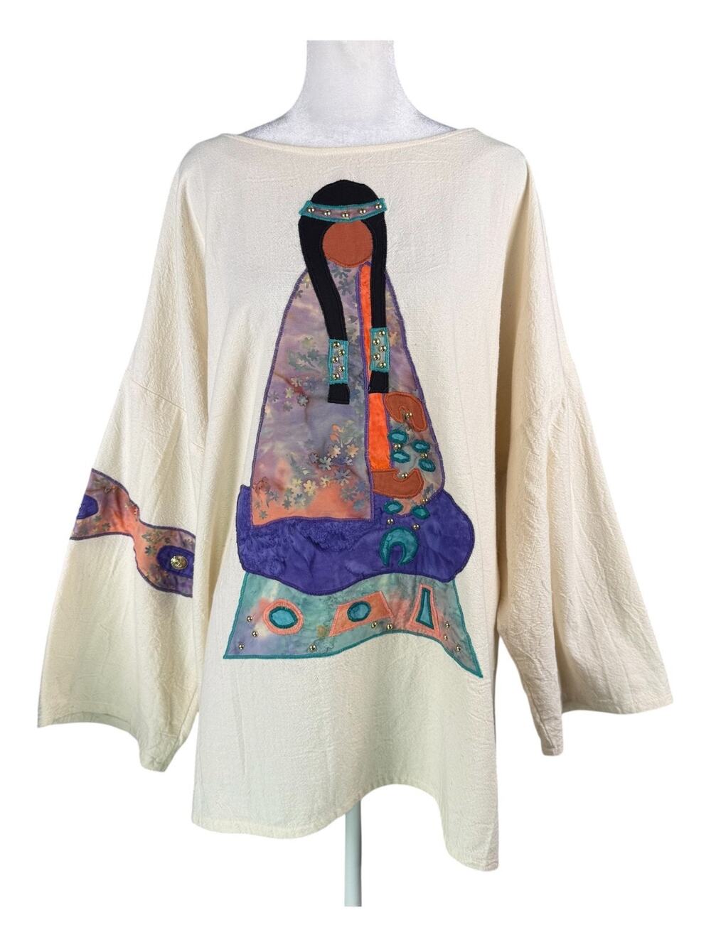 Alfredo's Wife XXL Tunic Top Cream Applique Studded Native Woman Art to Wear